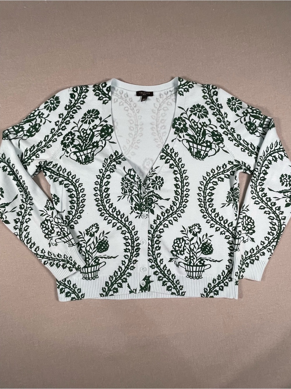Talbots Petite Floral Damask V-Neck Cardigan Sweater White Green Pattern MP